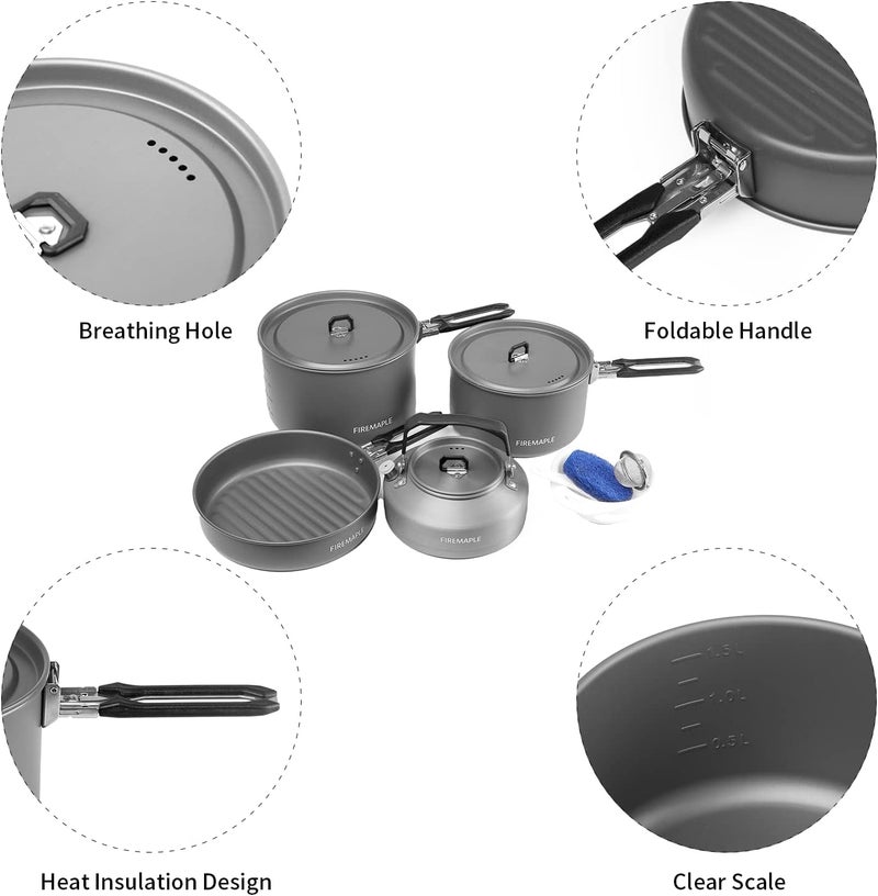 Fire-Maple Feast 4 Piece Camping Cookware Cookware Cookware Kit Outdoor Cookware Set with Pots, Kettle, Saucepans and Spatula for Hiking Fishing Picnic - Image 2